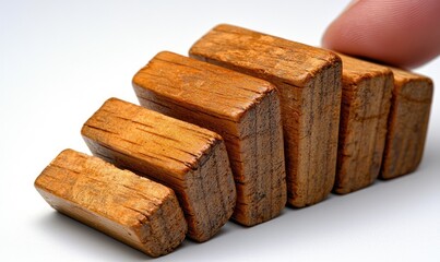 Wooden blocks arranged in a leaning upward staircase. Fingertip touches the top block