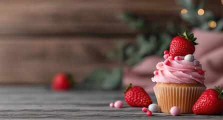 Pink cupcake with strawberries