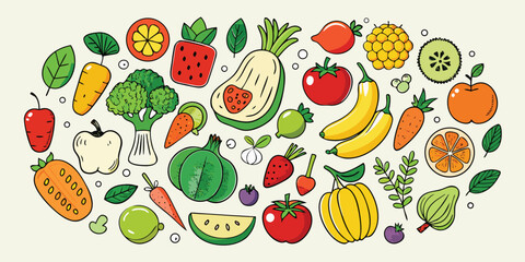 Obraz premium Vibrant assortment of fresh fruits and vegetables hand drawn style healthy eating