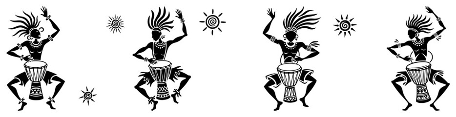 Set of African Tribal Dancers with Drums Silhouettes black shape vector laser cutting engraving monochrome print