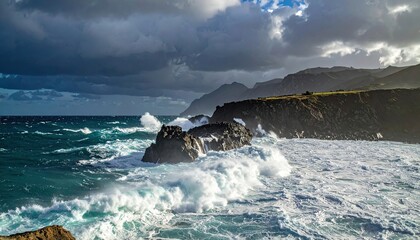 Dramatic Coastal Scene with Crashing Waves and Rocky Cliffs Under Stormy Sky in Natural Daylight