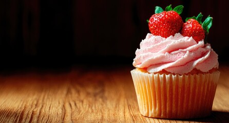 Single cupcake with pink frosting and strawberries on a wooden table