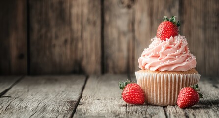 Pink cupcake topped with a strawberry, on a rustic wooden surface