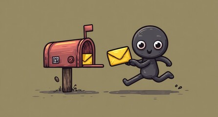 Cute character running with mail from mailbox
