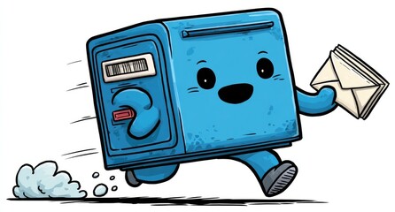 Cute blue mailbox runs fast with letter