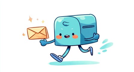 Cartoon mailbox character running with letter