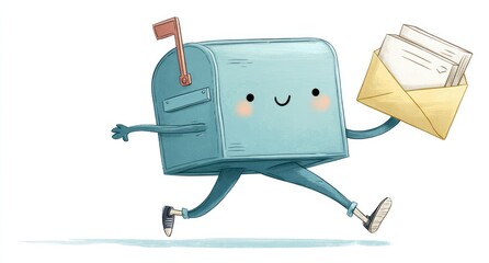 Cute mailbox character running with mail
