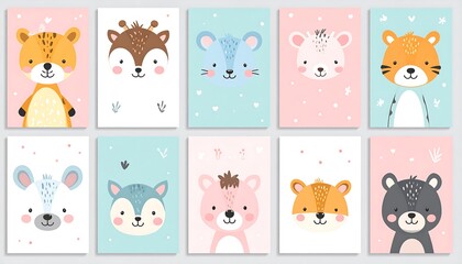 Cute animal portraits, pastel colors