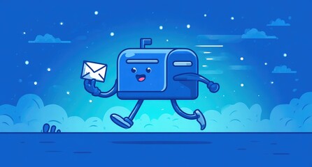 Blue mailbox character runs with mail