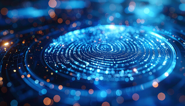 Digital Fingerprint Scan: An abstract, high-tech rendering of a digital fingerprint scan, highlighting the convergence of technology and personal identity with glowing blue and orange light.