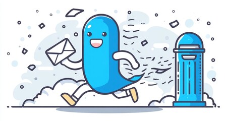 Blue cartoon ghost character runs with letter, mail, and postbox