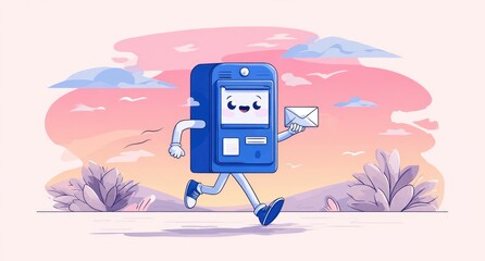 Animated blue mail-receiving box running with envelope