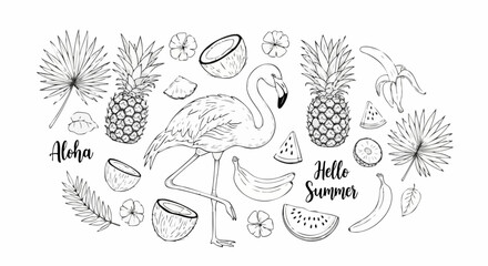 Black and white illustration featuring a flamingo surrounded by pineapples, coconuts, bananas, watermelon slices, palm leaves, and the phrases "Aloha" and "Hello Summer.".