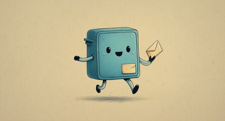 Cute, blue box character holding a letter runs on beige background