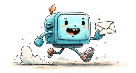Cartoon retro TV character running with an email