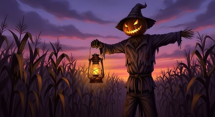 Fototapeta premium Evil scarecrow with Jack O'Lantern head in a cornfield on Halloween night 