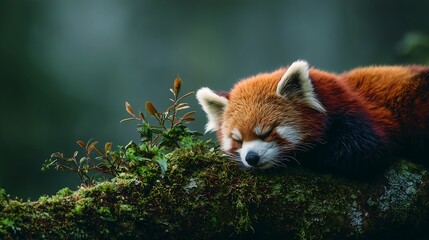 Obraz premium Red panda sleeping on mossy log