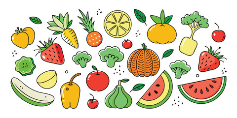 Vibrant fresh fruits and vegetables collection a whimsical artistic sketch assortment