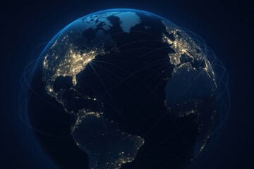 Naklejka premium Global Connectivity and Technology Network with Illuminated Cities and Dark Background