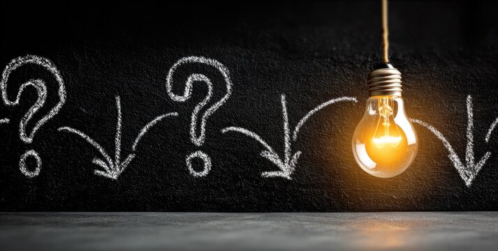 Chalkboard Questions Lead to Glowing Lightbulb Idea Symbolizing Innovation.