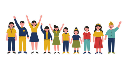 Obraz premium Diverse Group of People Standing Together Celebrating Success and Teamwork in a Flat Vector Illustration