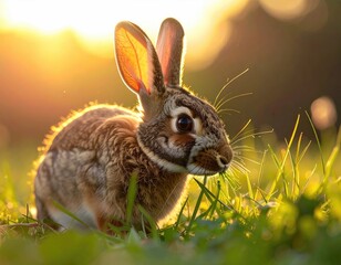 Fototapeta premium Brown Hare Eating Grass in Golden Hour Light at Sunrise Detail and Sharp Focus