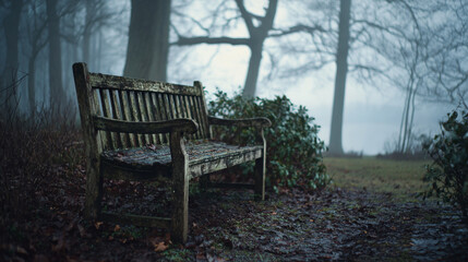 Fototapeta premium A weathered wooden bench sits alone in a misty forest on a damp autumn day