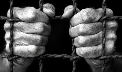 Close-up of hands trapped behind a wire mesh