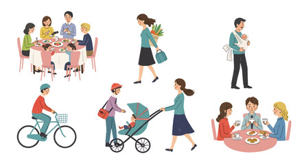 Fototapeta premium Family Life Illustration Set Dinner Commute Baby Care and Leisure Activities for Modern Families