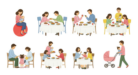 Family Mealtime Moments  Parents Feeding Babies and Toddlers in Various Settings Illustration