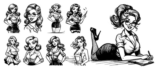Pinup Secretary Girl Portraits Character Set black shape vector laser cutting engraving monochrome print