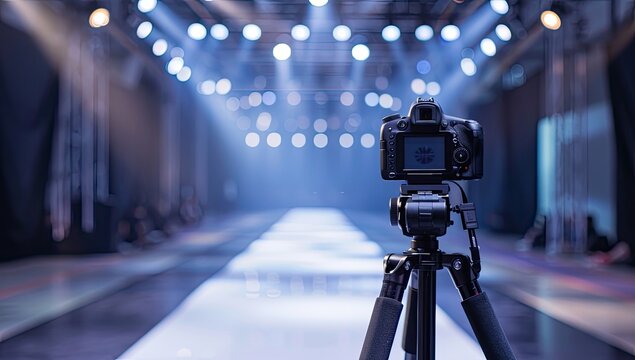 A DSLR camera on a tripod, positioned on a runway, focuses on a blurred background of bright stage lights and a runway show