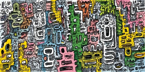 A vibrant, colorful, and intricately detailed design features a multitude of abstract shapes and faces.