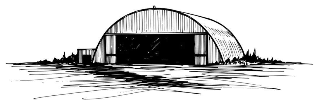 Hand Drawn Sketch of an Old Military Aircraft Hangar