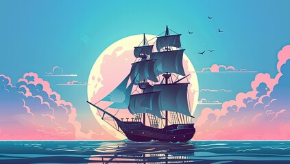 A majestic galleon sails serenely across a tranquil sea under a large, pale moon, set against a pastel sunset sky with fluffy clouds