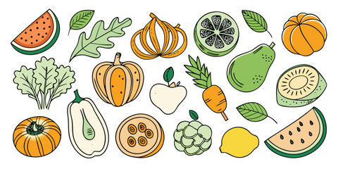 Vibrant hand-drawn assortment of fresh fruits and vegetables scattered across a white surface