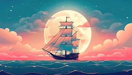 A majestic sailing ship glides serenely across a calm sea under a large, luminous moon, set against a dreamy, pastel-hued night sky