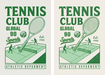 logo slogan graphic artwork, retro tennis club university with sport, shield and laurel. Global 90 sporty , health and fitness club summer SS24 tennis crest sport illustration