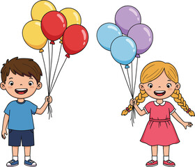 Cartoon boy and girl holding colorful balloons, happy children illustration, festive celebration, birthday party fun, cute kids smiling together