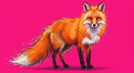 Obraz premium Vibrant Fox Illustration on Pink Background with Colorful Splatter Accents