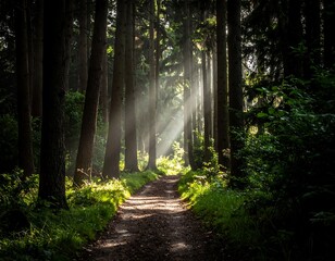 Sunlight path through a dense forest (1)