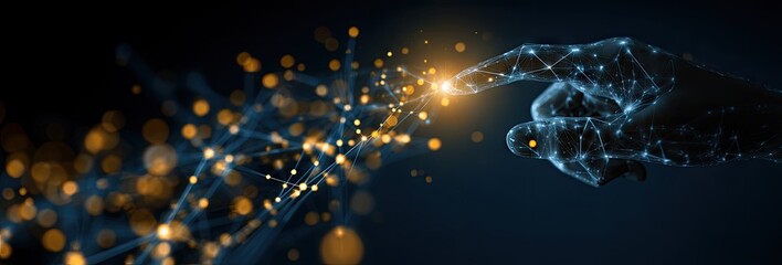 Futuristic robotic hand connecting with glowing digital data particles in abstract space.