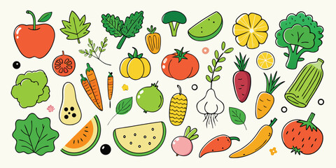 Obraz premium Vibrant collection of fresh fruits and vegetables artfully arranged