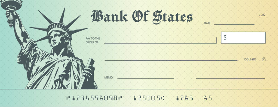Stylized bank check design featuring the Statue of Liberty in grayscale on the left, with gradient teal-to-beige background, gothic font title, and standard financial elements.