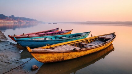 Fototapeta premium Four Painted Boats on River Shoreline