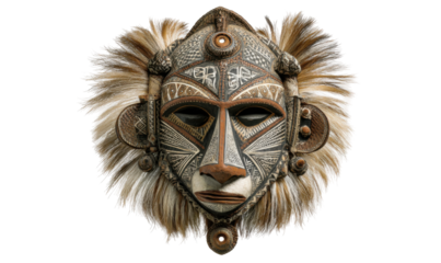 Ornate tribal mask with intricate carvings and natural fibers
