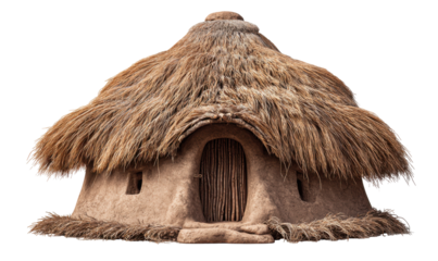 Round mud hut with thatched roof