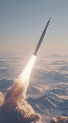 A sleek, white rocket ascends through a hazy, mountainous landscape, its fiery trail illuminating the clouds below during a bright sunrise or sunset