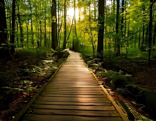 Obraz premium Sunlight path through a lush forest (1)
