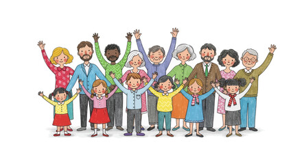 Large Diverse Family Group Illustration Celebrating Together with Raised Arms and Happy Expressions